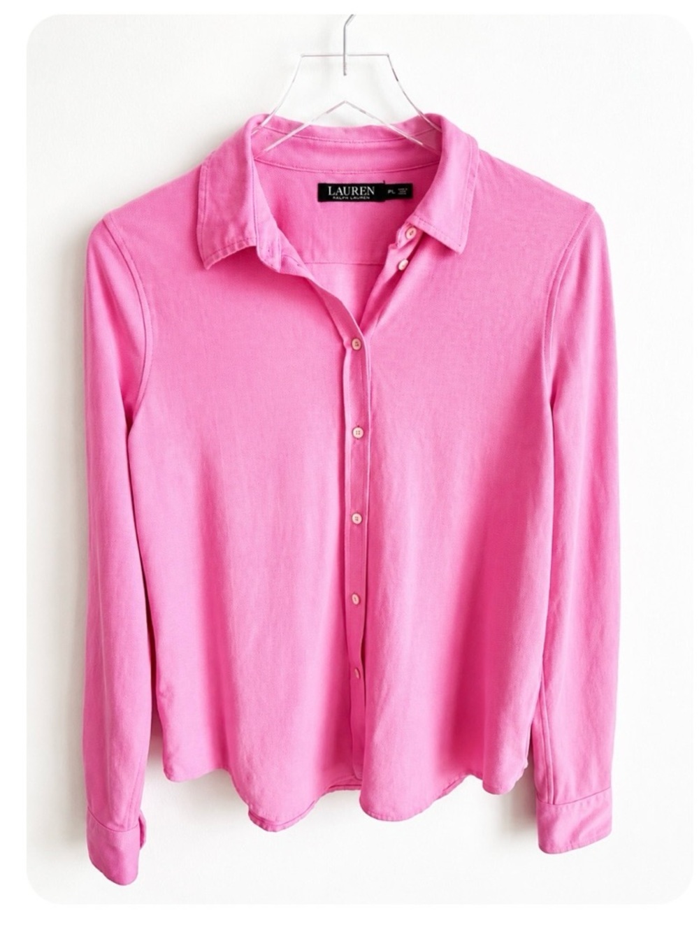 Lauren Ralph Lauren Pink Piqué Knit Button Front Collared Shirt PL Petite Large